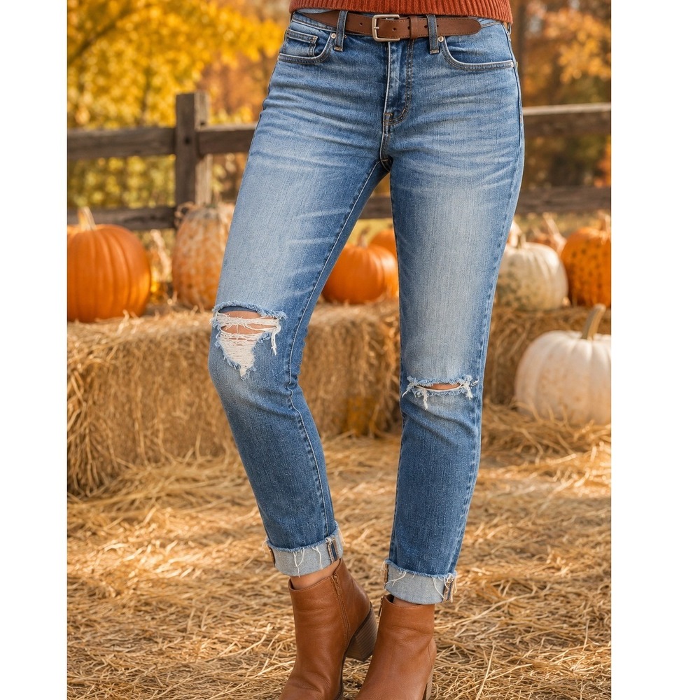 Madewell High-Rise Skinny Jeans Medium Wash Distressed Shredded Knee Raw Hem 24